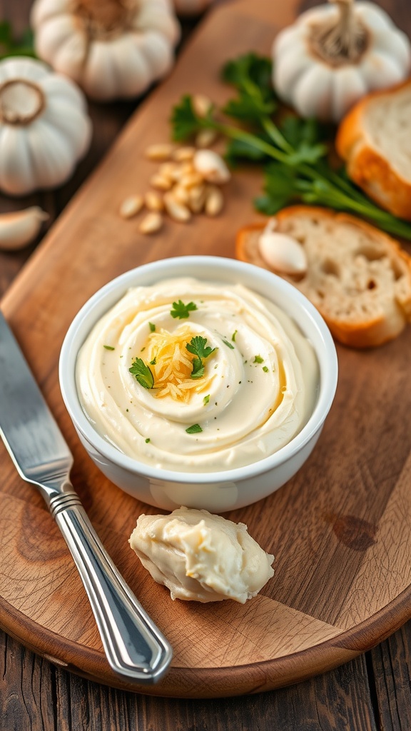 Creamy garlic butter in a bowl with grated garlic, served with crusty bread, on a wooden board.